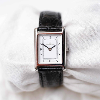 Dugena Tank: Vintage Ladies Watch 00s Silver Rectangular Style White Dial