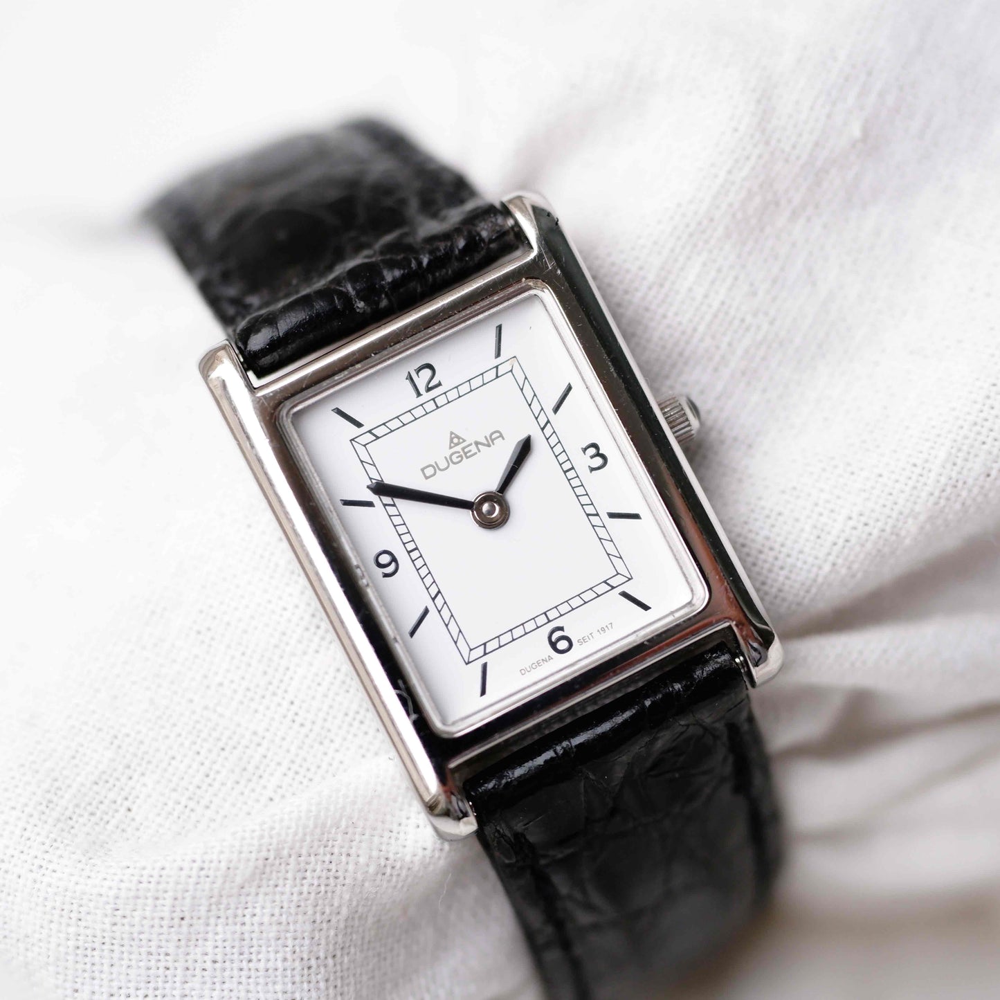 Dugena Tank: Vintage Ladies Watch 00s Silver Rectangular Style White Dial