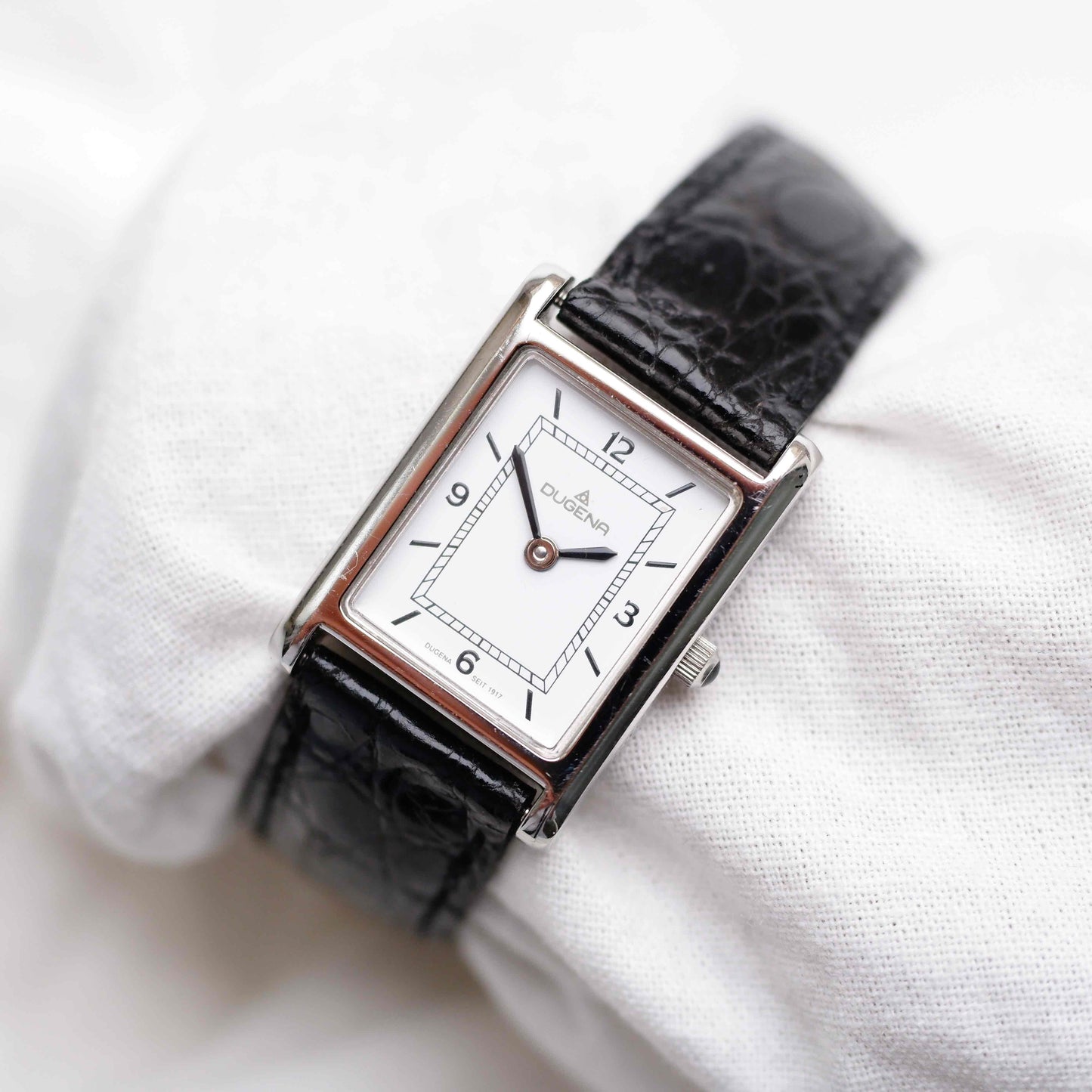 Dugena Tank: Vintage Ladies Watch 00s Silver Rectangular Style White Dial
