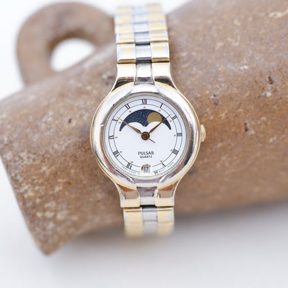 Pulsar Vintage Watch: Ladies 80s Gold Roman Numerals Moon Phase Style