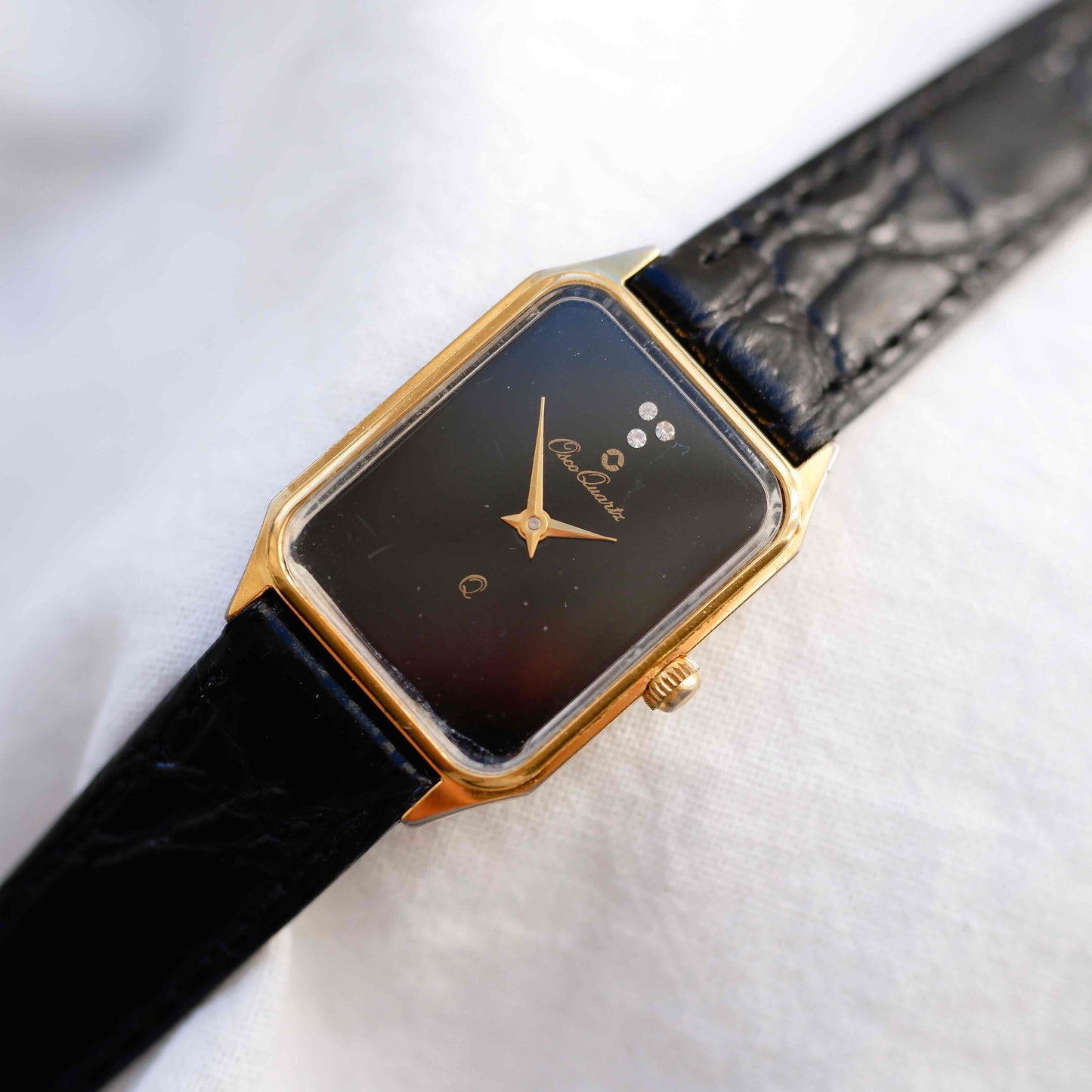 Osco Tank Watch: Vintage Ladies 80s Golden Rectangular with White Structured Dial