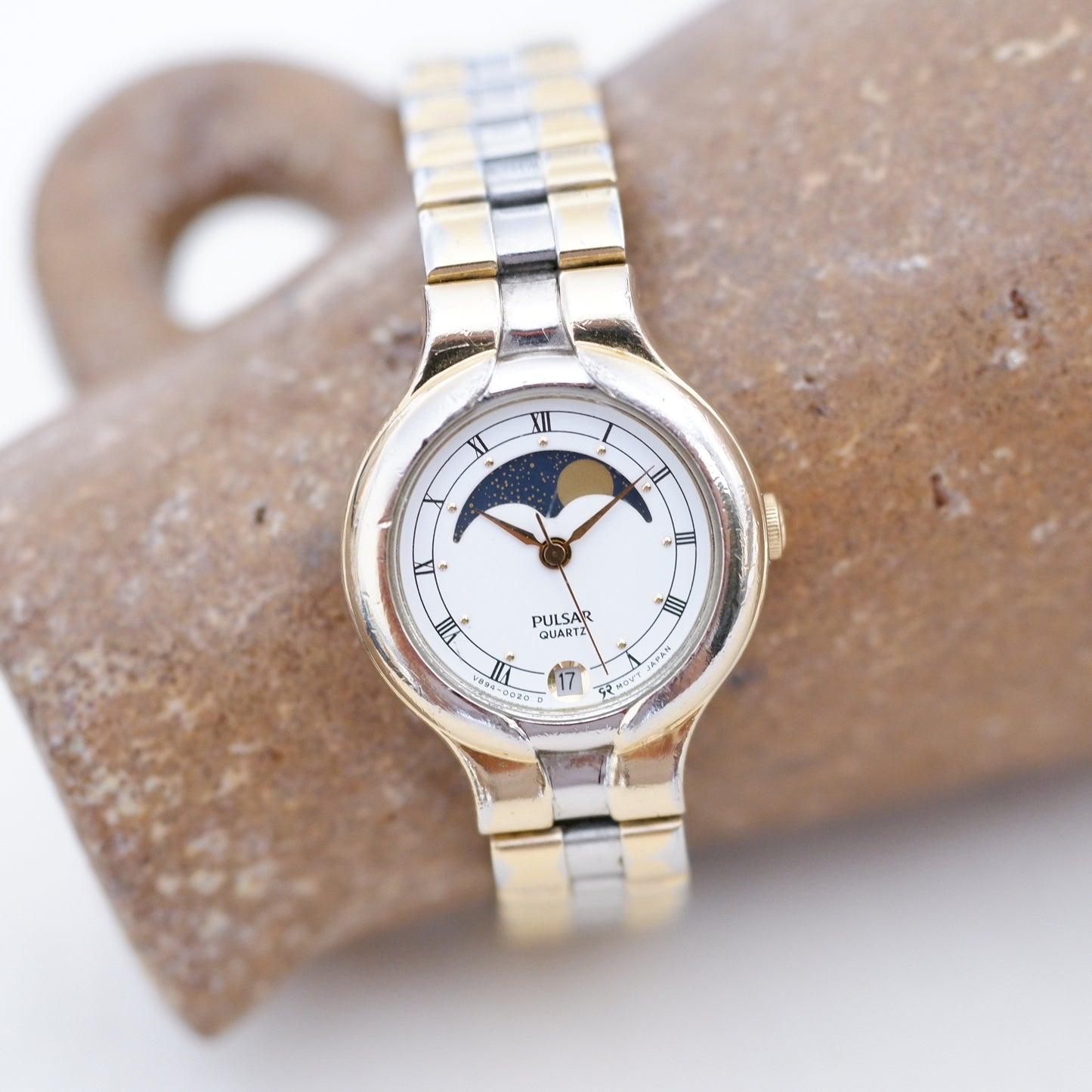 Pulsar Vintage Watch: Ladies 80s Gold Roman Numerals Moon Phase Style