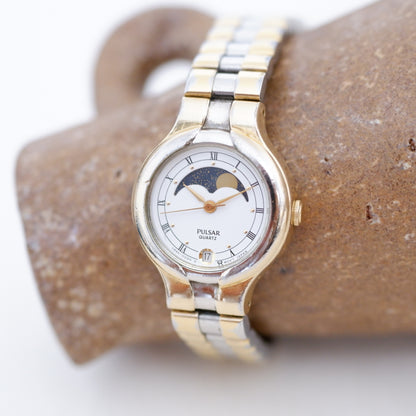 Pulsar Vintage Watch: Ladies 80s Gold Roman Numerals Moon Phase Style