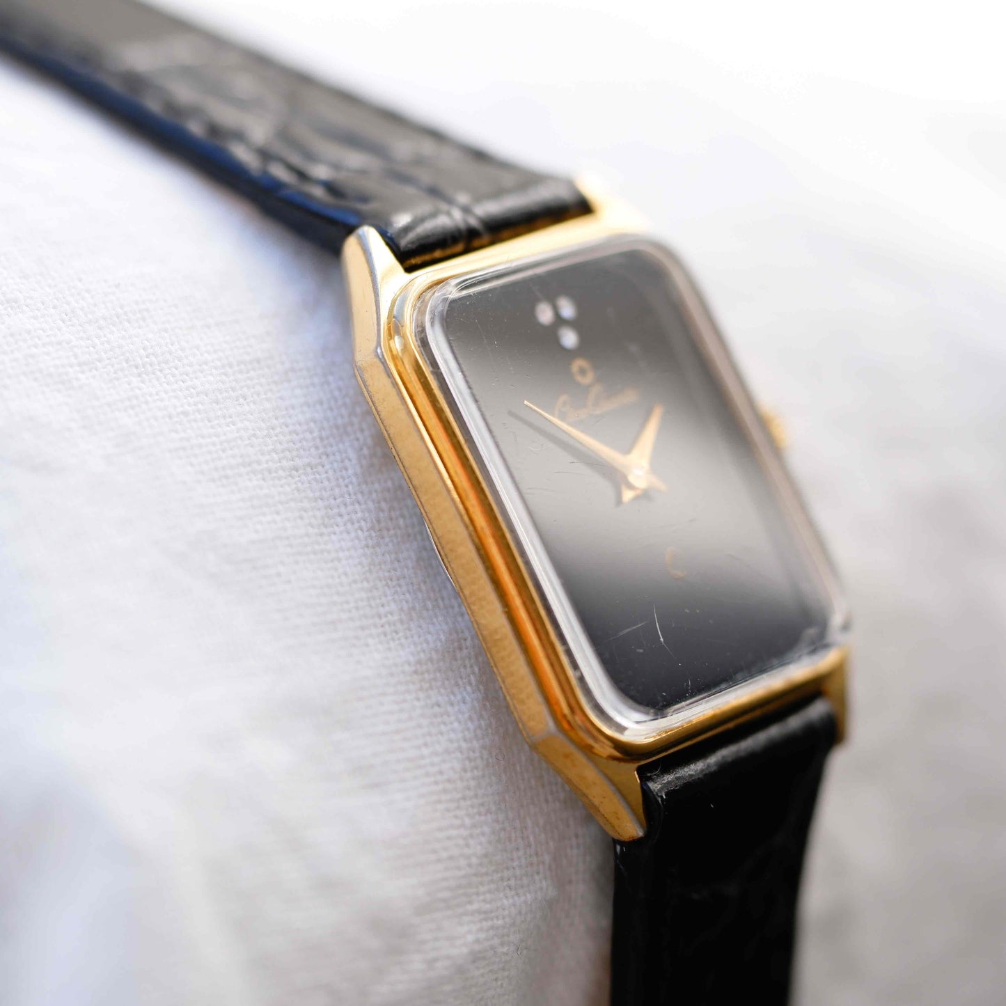Osco Tank Watch: Vintage Ladies 80s Golden Rectangular with White Structured Dial