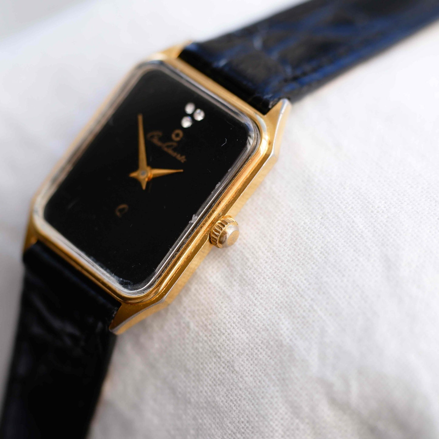 Osco Tank Watch: Vintage Ladies 80s Golden Rectangular with White Structured Dial