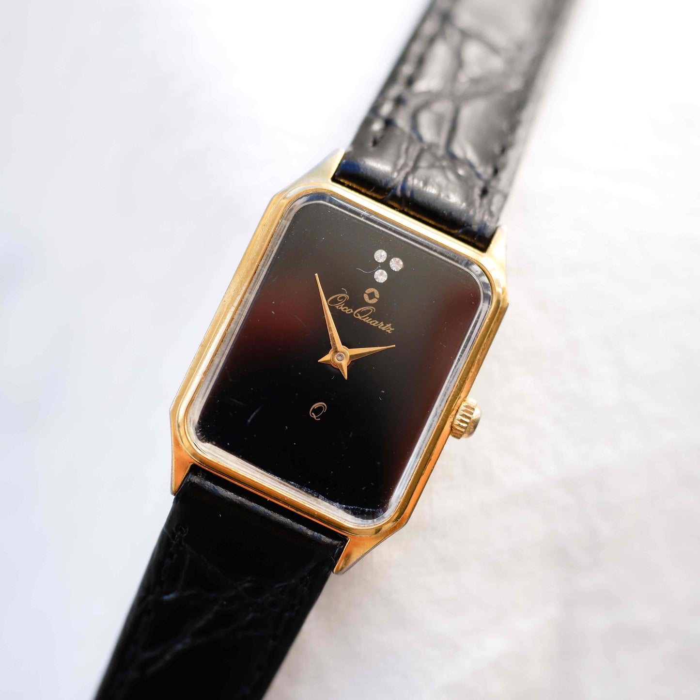 Osco Tank Watch: Vintage Ladies 80s Golden Rectangular with White Structured Dial