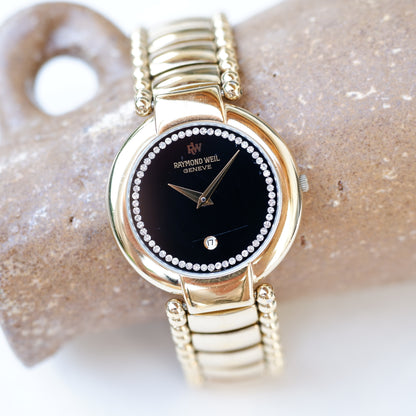 Raymond Weil Vintage Ladies Watch: 90s Golden with Black Diamond-Set Dial