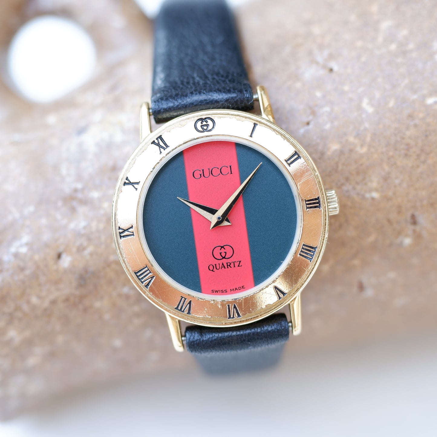Gucci 3000.2.l Watch: Vintage Ladies 90s Gold with Red and Green Dial
