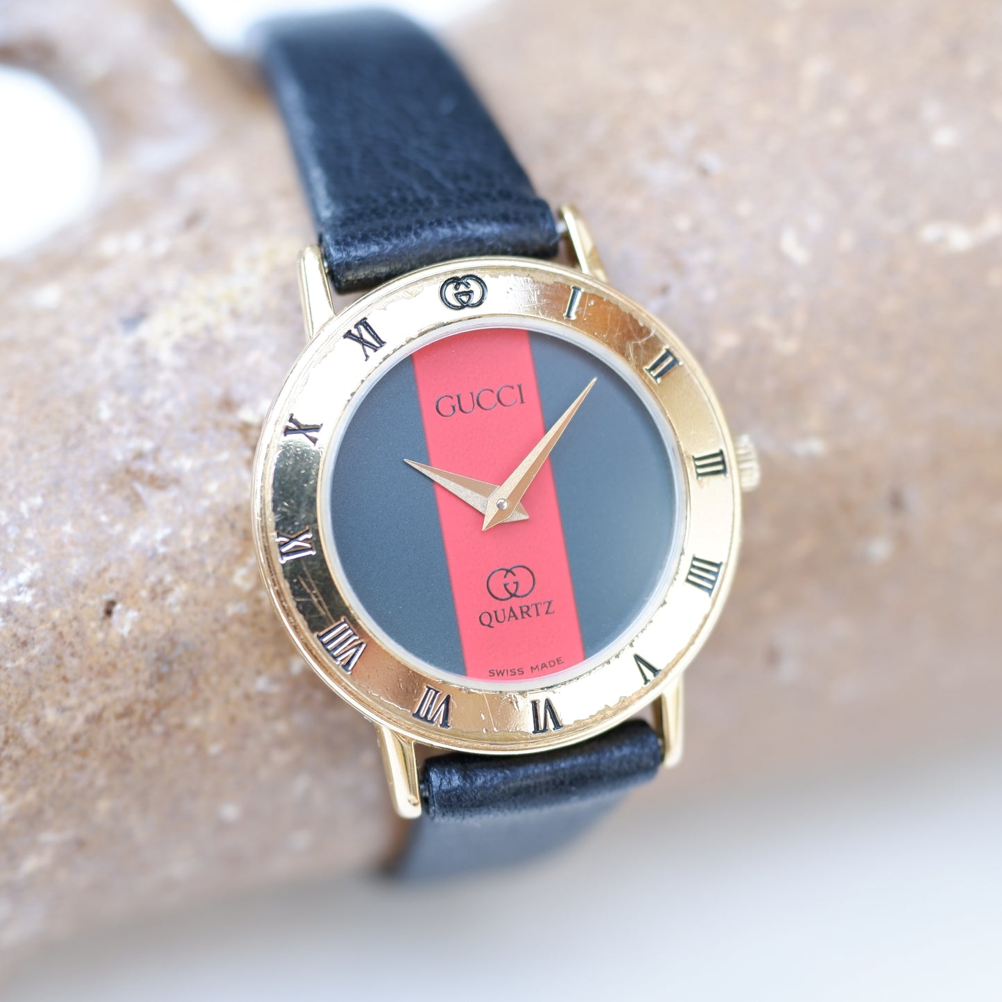 Gucci 3000.2.l Watch: Vintage Ladies 90s Gold with Red and Green Dial