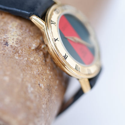 Gucci 3000.2.l Watch: Vintage Ladies 90s Gold with Red and Green Dial