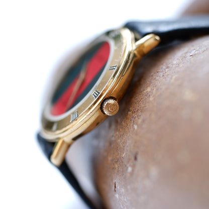 Gucci 3000.2.l Watch: Vintage Ladies 90s Gold with Red and Green Dial