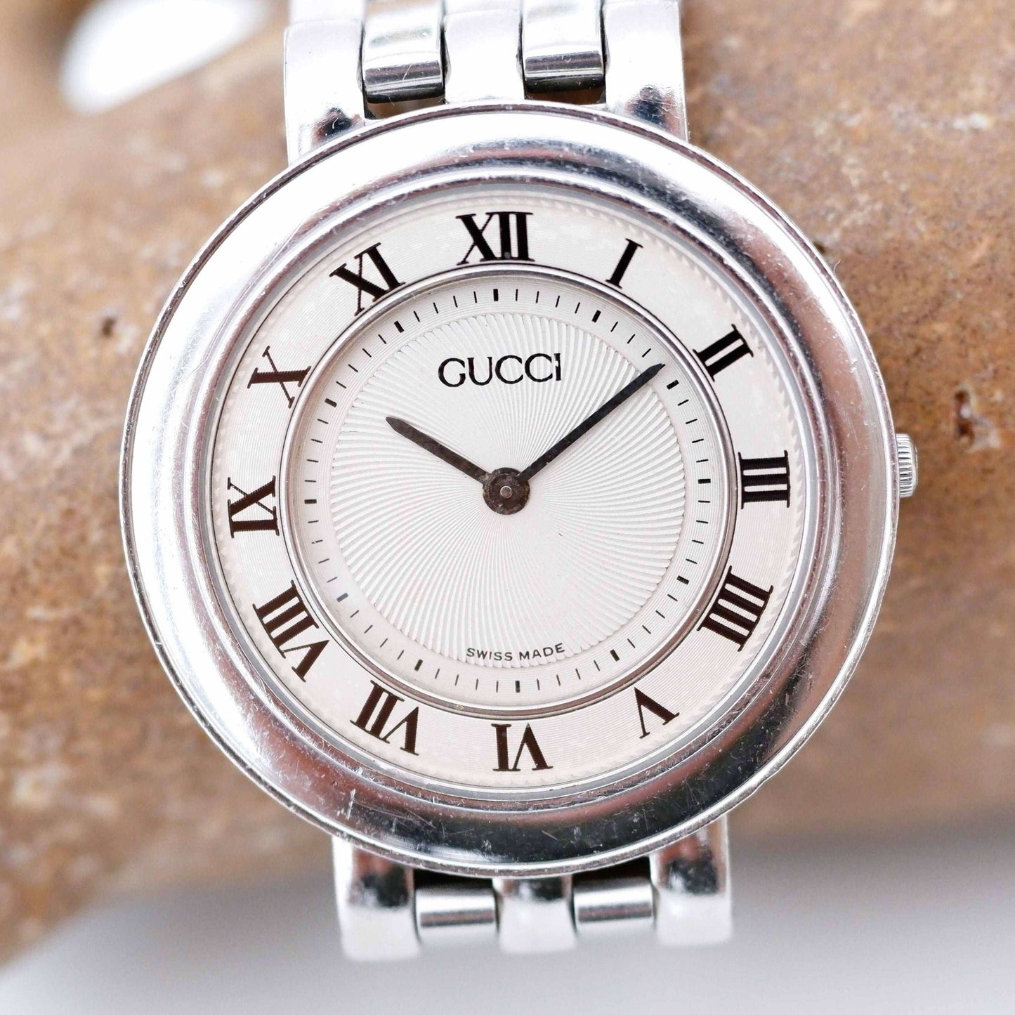 Gucci 546m Vintage Ladies Watch: 90s Silver with Classic Roman Numerals, First Front Side