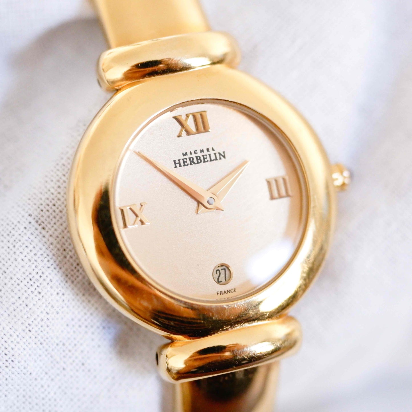 Michel Herbelin Cocktail Watch: Vintage Bangle Ladies 90s Golden with Champagne Dial