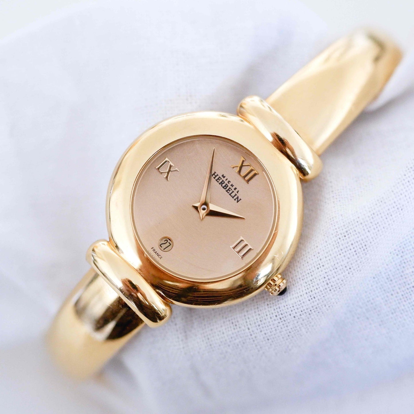 Michel Herbelin Cocktail Watch: Vintage Bangle Ladies 90s Golden with Champagne Dial