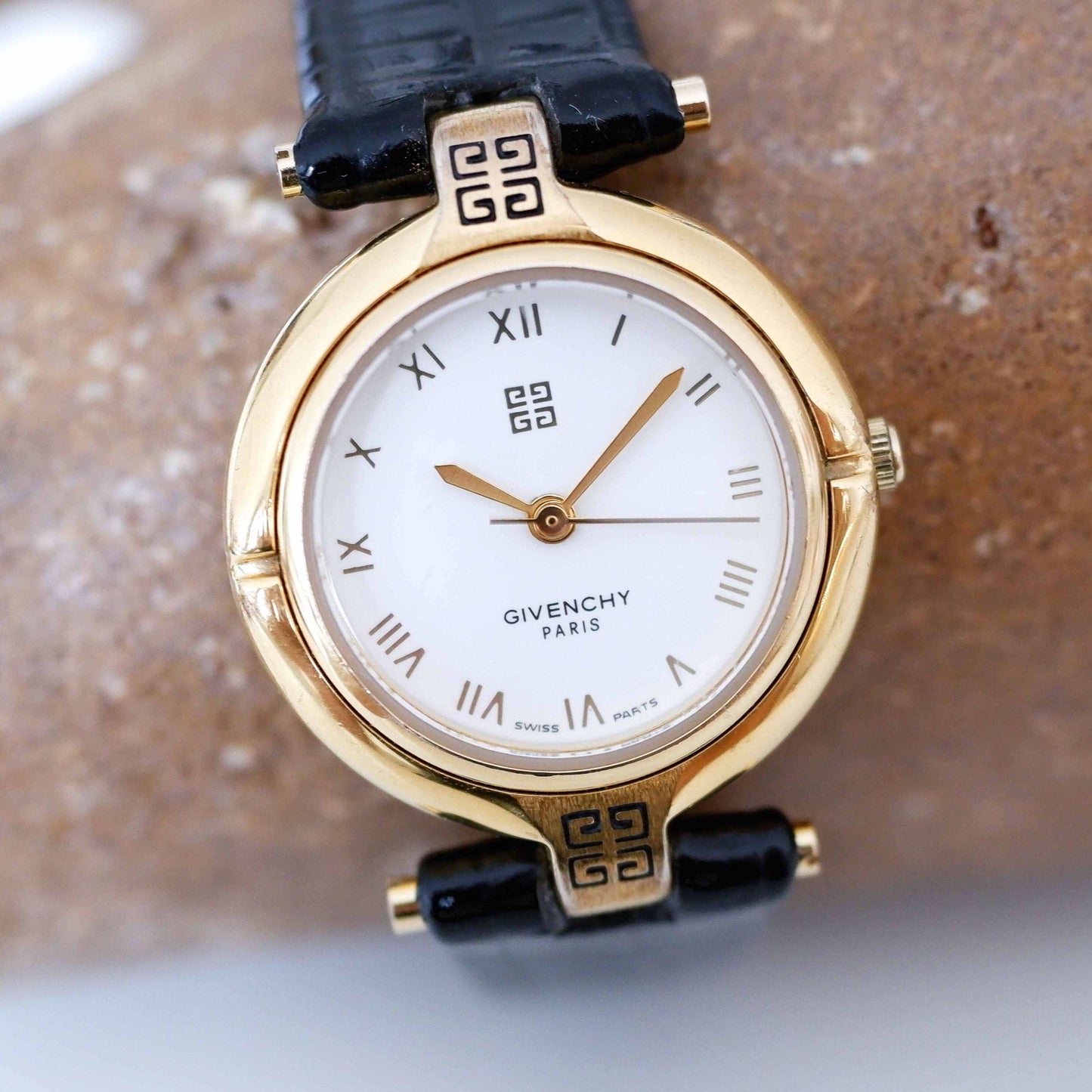 Givenchy Vintage Ladies Watch: 90s Golden, Roman Numerals, White Dial | Second Front Side