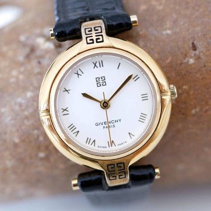 Givenchy Vintage Ladies Watch: 90s Golden, Roman Numerals, White Dial | First Front Side