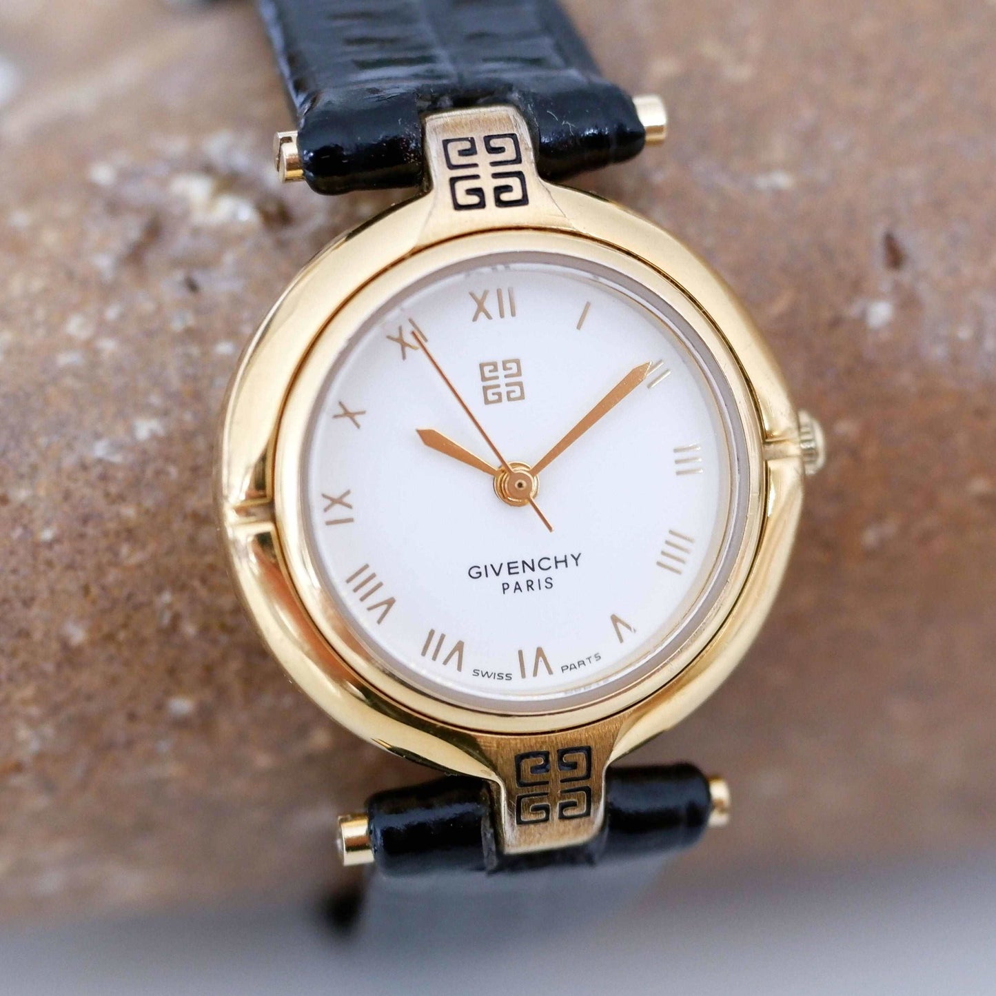 Givenchy Vintage Ladies Watch: 90s Golden, Roman Numerals, White Dial | Slight Left Side