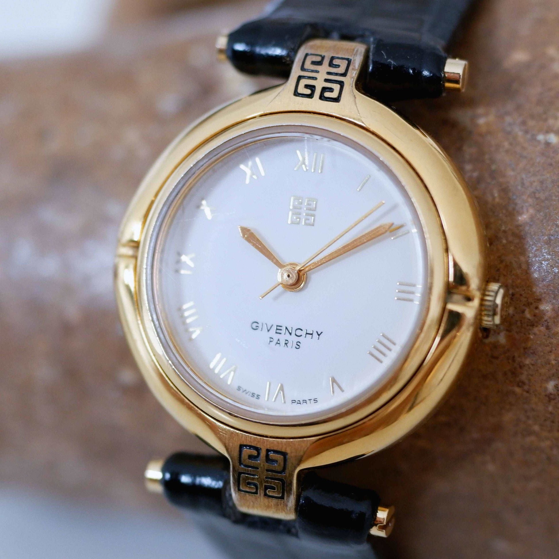 Givenchy Vintage Ladies Watch: 90s Golden, Roman Numerals, White Dial | Slight Right Side