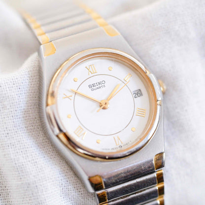 Seiko Dainty Cocktail Watch: Ladies Vintage 90s Two-Tone White Gold Dial