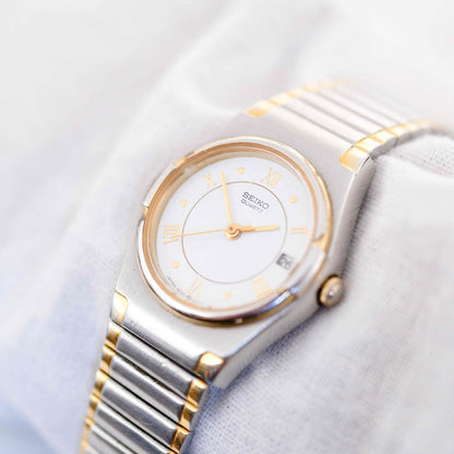 Seiko Dainty Cocktail Watch: Ladies Vintage 90s Two-Tone White Gold Dial