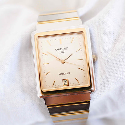 Orient Tank Style Watch: Vintage Ladies 80s Golden Two Tone with Champagne Dial