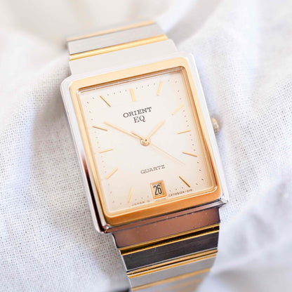 Orient Tank Style Watch: Vintage Ladies 80s Golden Two Tone with Champagne Dial