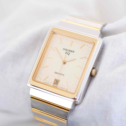 Orient Tank Style Watch: Vintage Ladies 80s Golden Two Tone with Champagne Dial