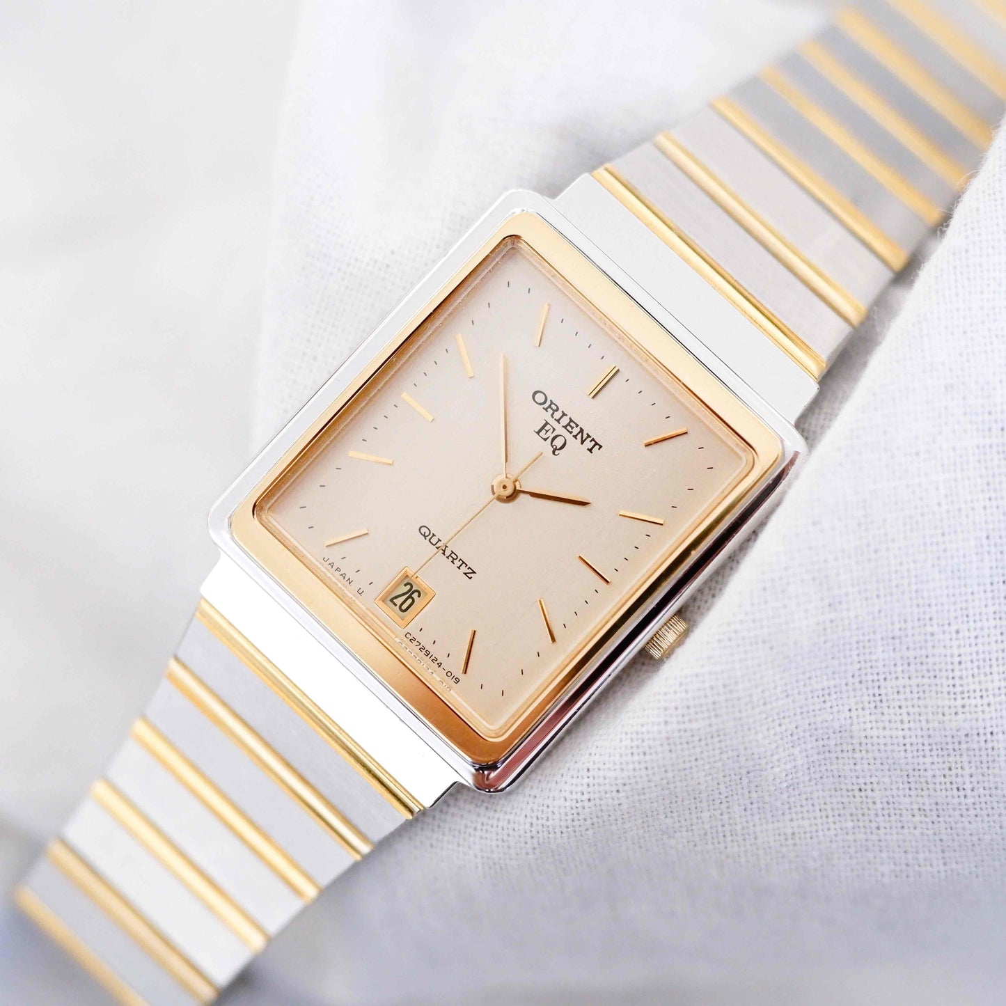 Orient Tank Style Watch: Vintage Ladies 80s Golden Two Tone with Champagne Dial