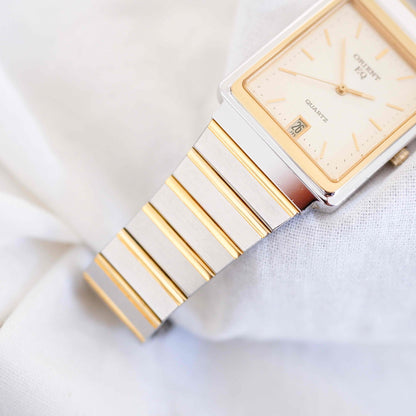 Orient Tank Style Watch: Vintage Ladies 80s Golden Two Tone with Champagne Dial