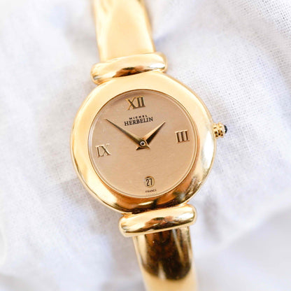 Michel Herbelin Cocktail Watch: Vintage Bangle Ladies 90s Golden with Champagne Dial