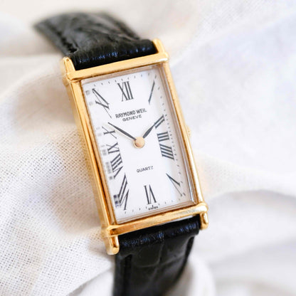 Raymond Weil Tank Style: Vintage Ladies Watch 90s Gold Roman White Dial