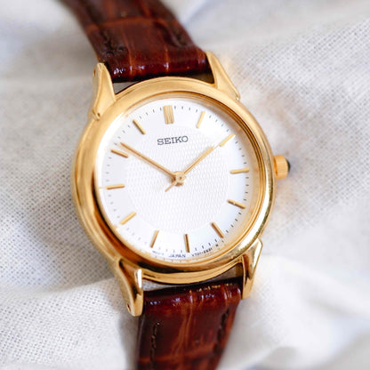 Seiko Dainty Watch: Ladies 80s Golden Classic White Guilloche Dial NOS