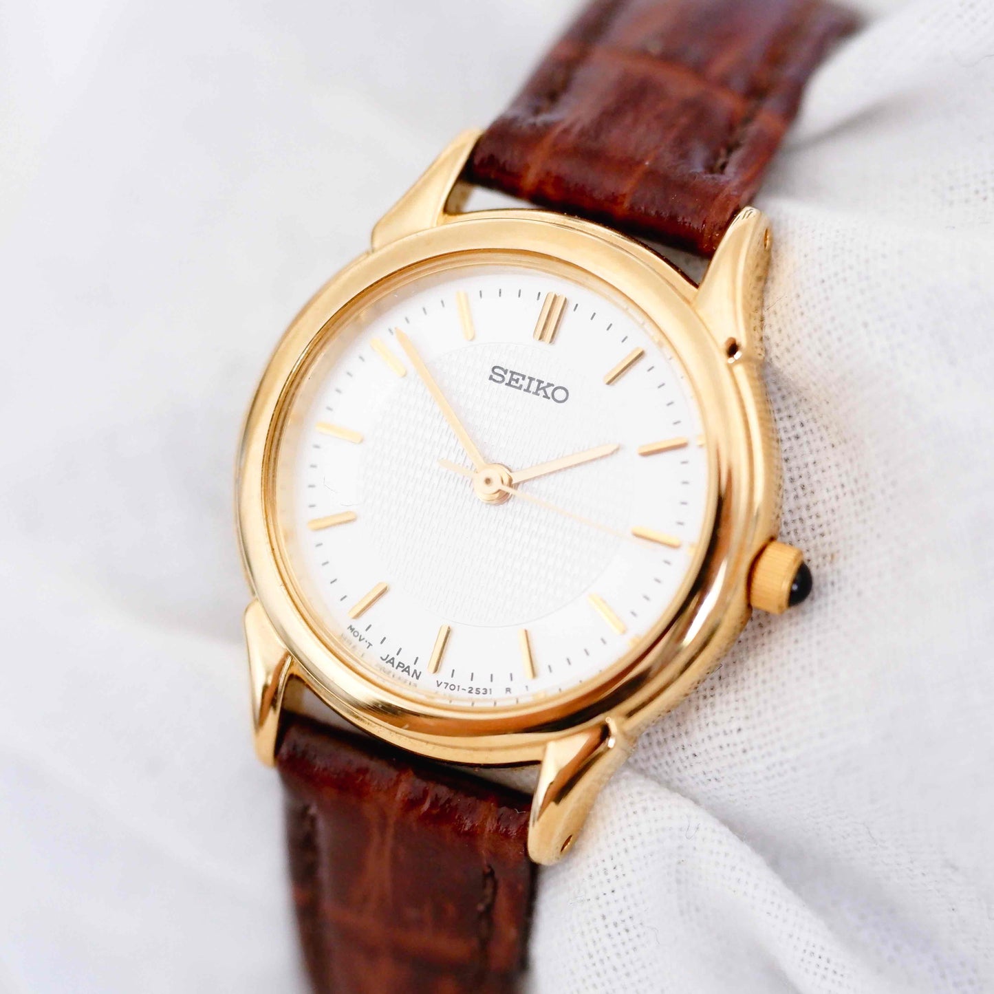 Seiko Dainty Watch: Ladies 80s Golden Classic White Guilloche Dial NOS