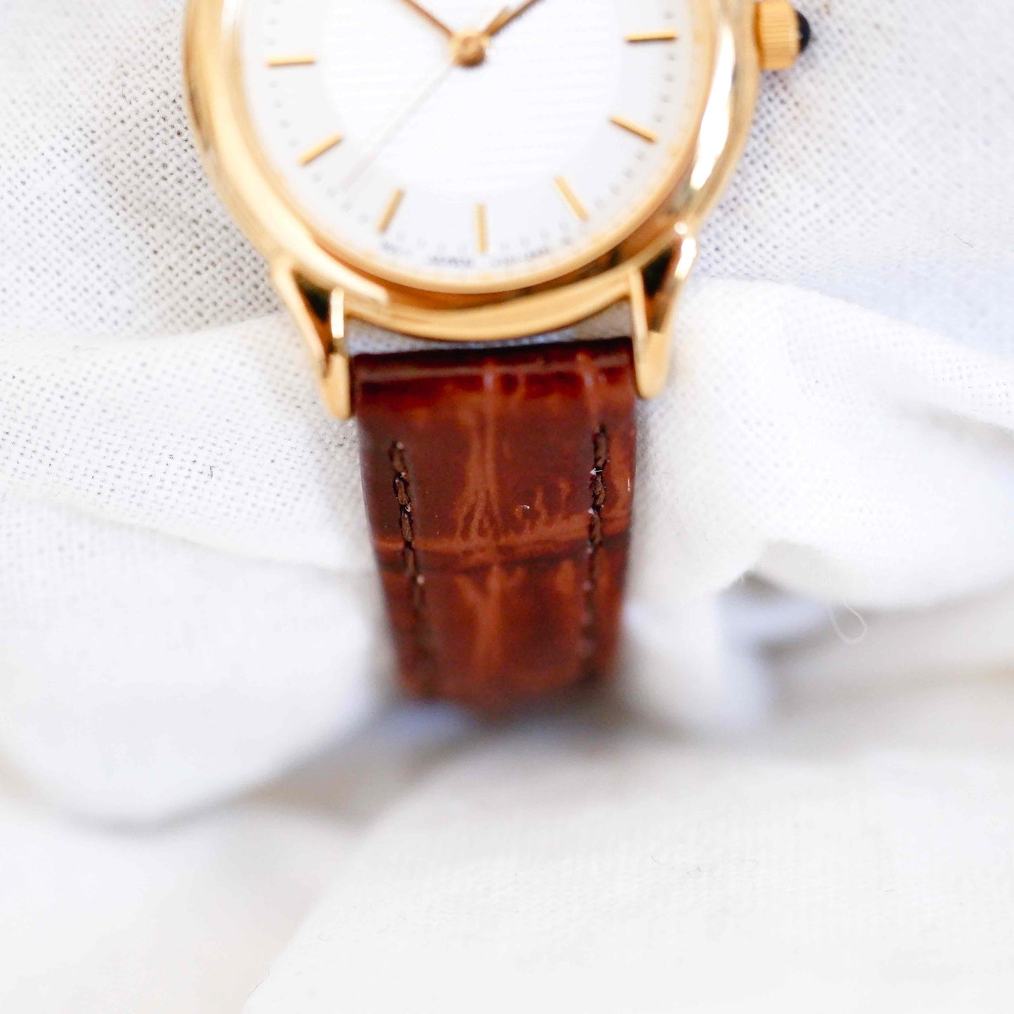 Seiko Dainty Watch: Ladies 80s Golden Classic White Guilloche Dial NOS