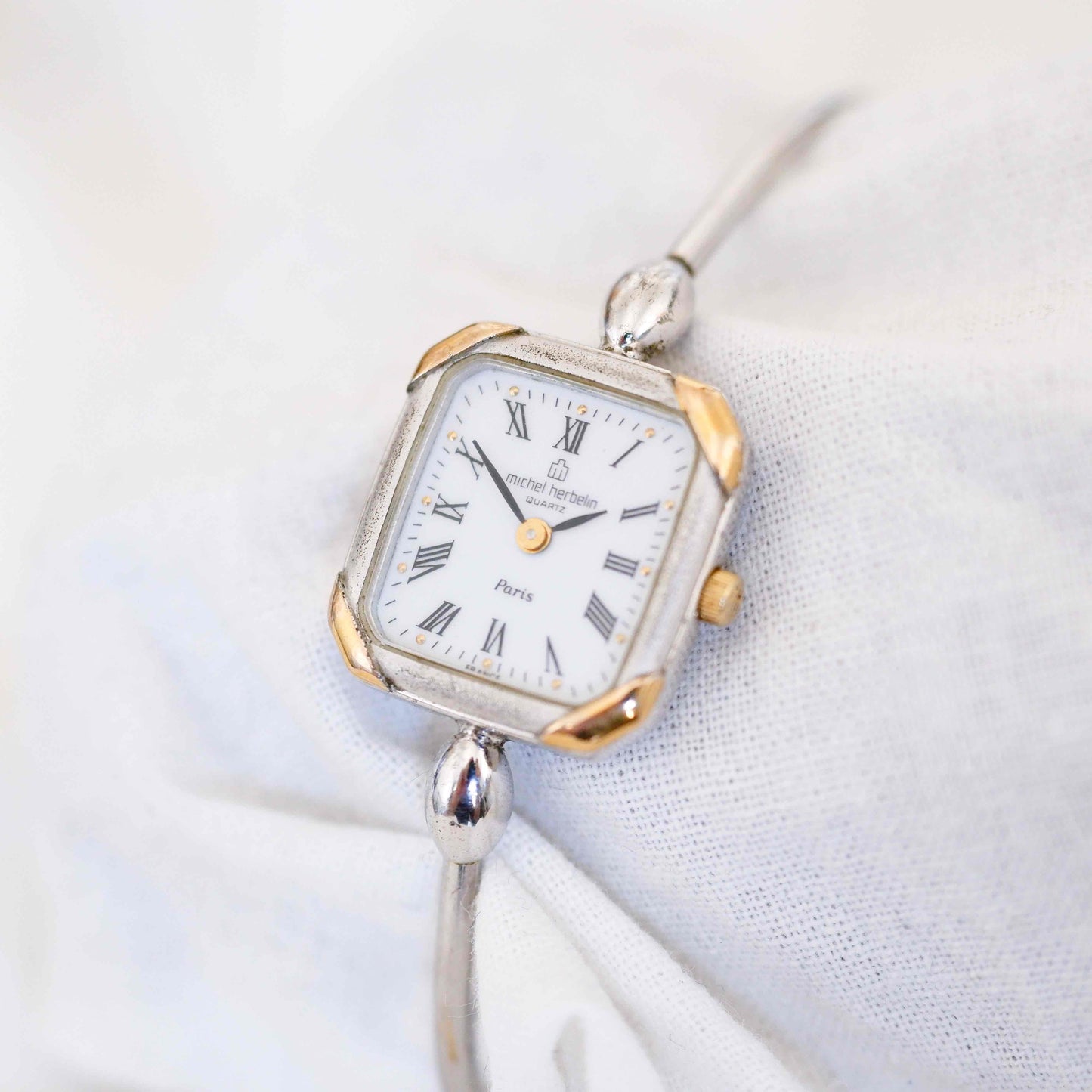 Michel Herbelin Cocktail Watch: Vintage Bangle Ladies 90s Two Tone with White Dial