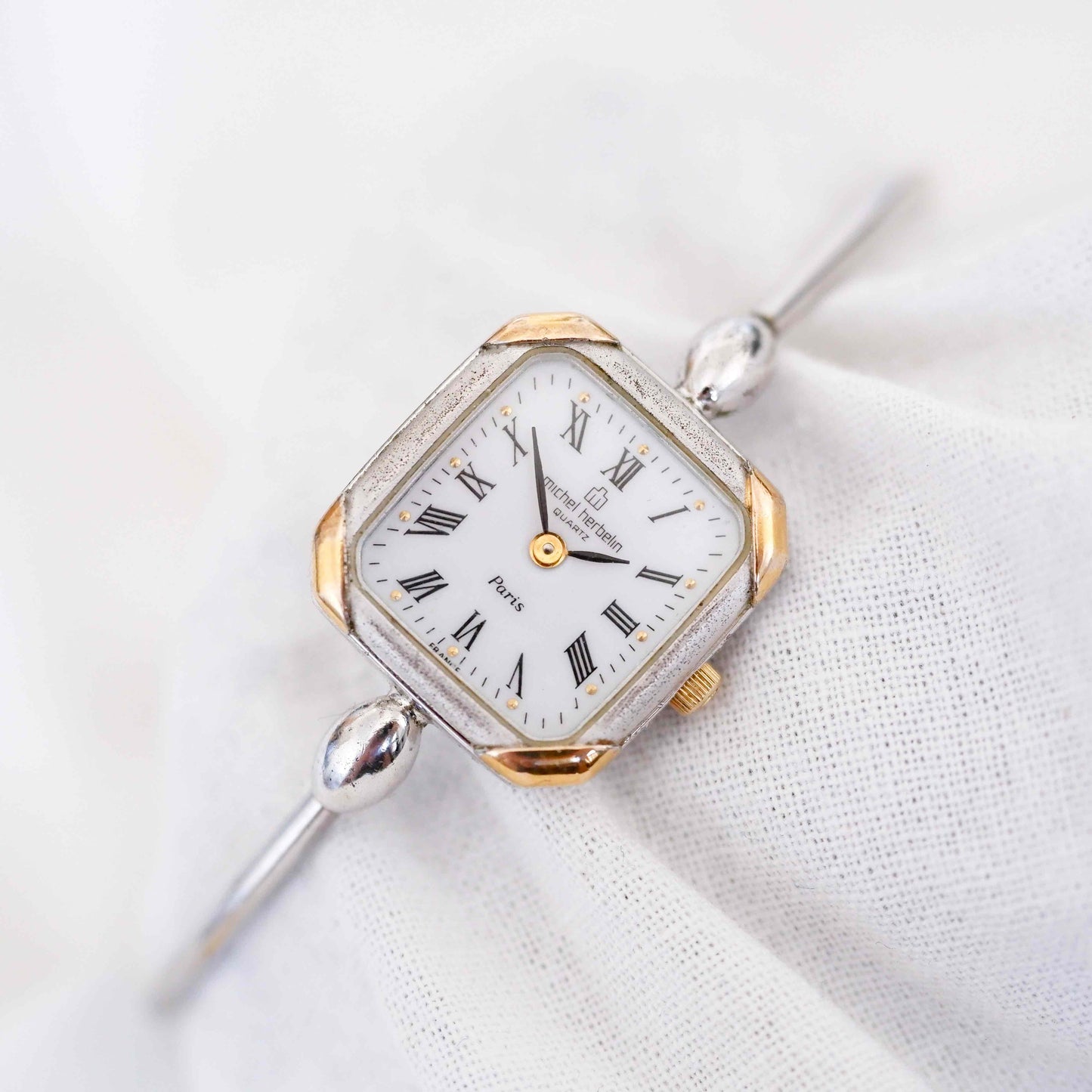 Michel Herbelin Cocktail Watch: Vintage Bangle Ladies 90s Two Tone with White Dial