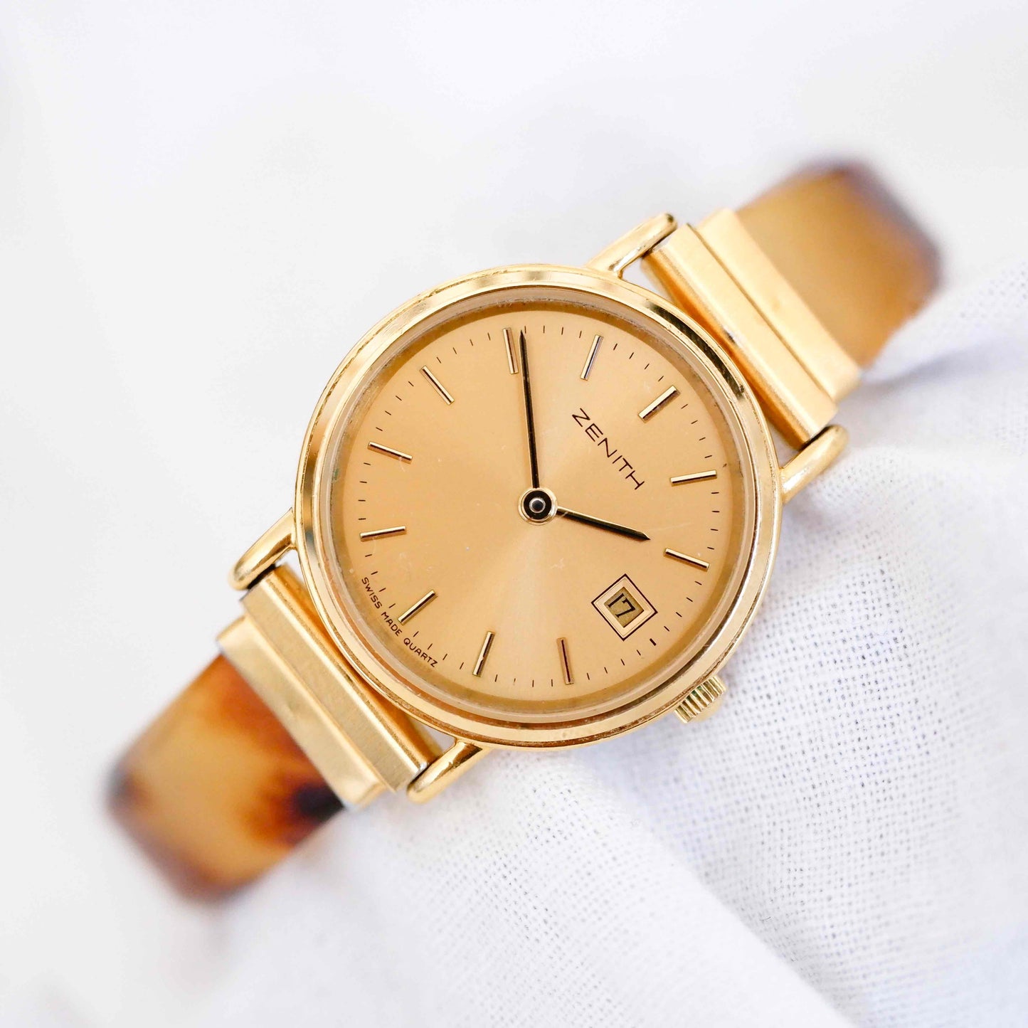 Zenith Cocktail Watch: Vintage Ladies 80s Golden Dainty with Amber Style Bracelet