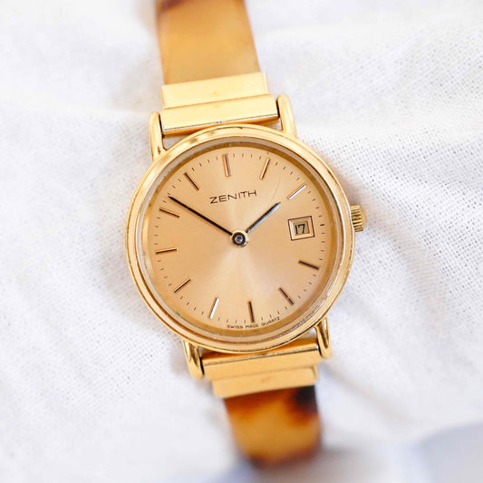 Zenith Cocktail Watch: Vintage Ladies 80s Golden Dainty with Amber Style Bracelet