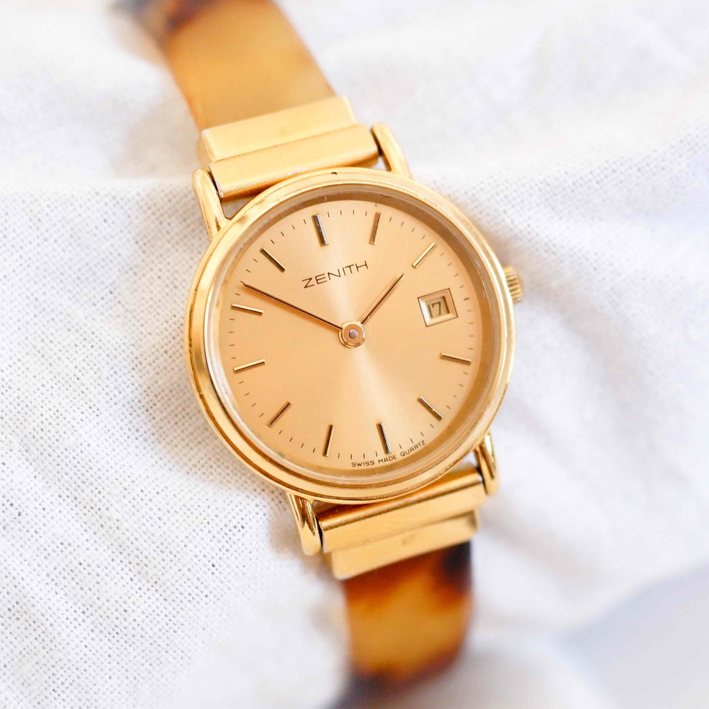 Zenith Cocktail Watch: Vintage Ladies 80s Golden Dainty with Amber Style Bracelet