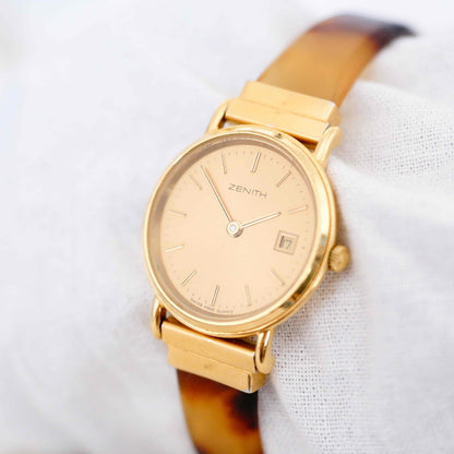 Zenith Cocktail Watch: Vintage Ladies 80s Golden Dainty with Amber Style Bracelet