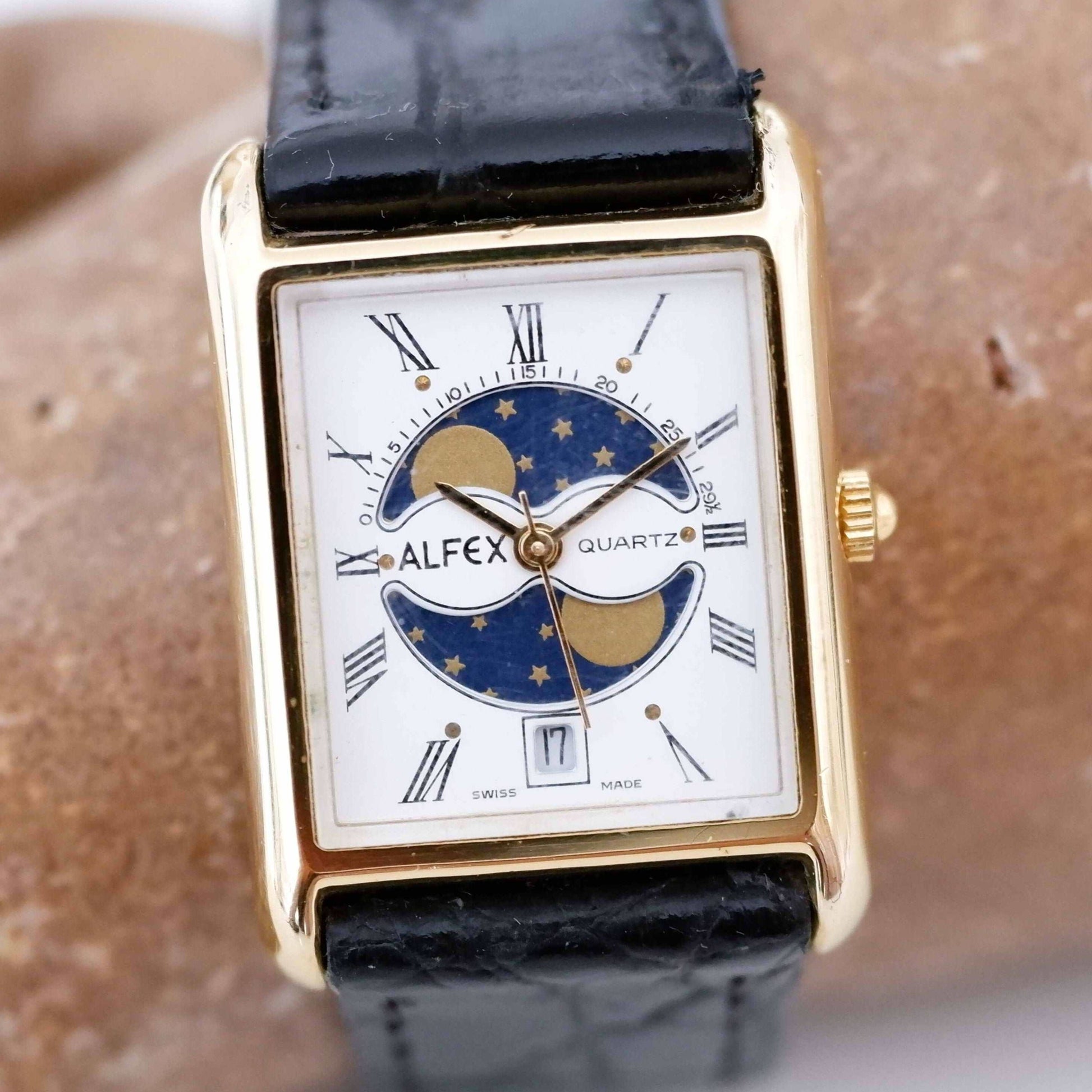 Alfex Vintage Watch: Ladies 80s Gold Rectangular Moon Phase Style