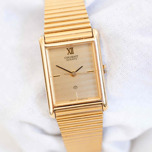 Orient Cocktail Tank Watch: Vintage Ladies 80s Golden Dainty with Champagne Dial