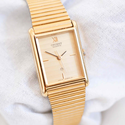 Orient Cocktail Tank Watch: Vintage Ladies 80s Golden Dainty with Champagne Dial