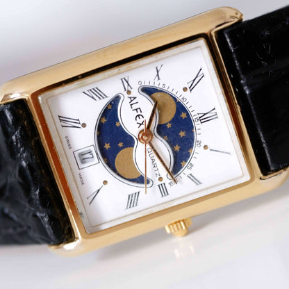 Alfex Vintage Ladies Watch: 80s Gold, Rectangular Moon Phase Style | Second Front Side