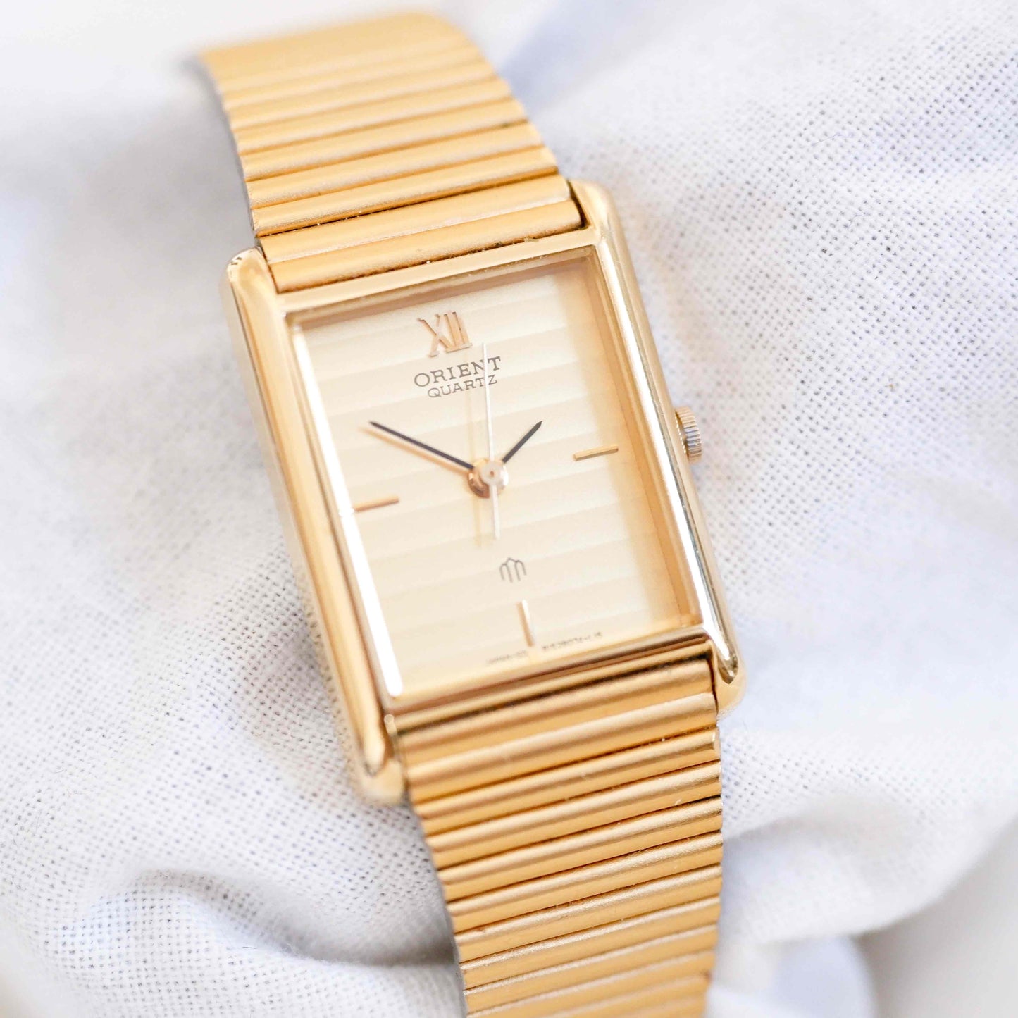 Orient Cocktail Tank Watch: Vintage Ladies 80s Golden Dainty with Champagne Dial