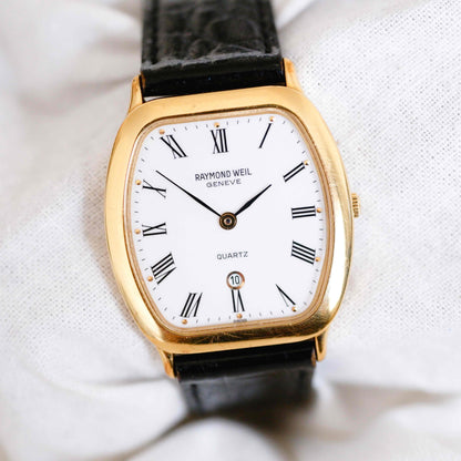 Raymond Weil Tank Style: Vintage Ladies Watch 90s Golden Roman White Dial