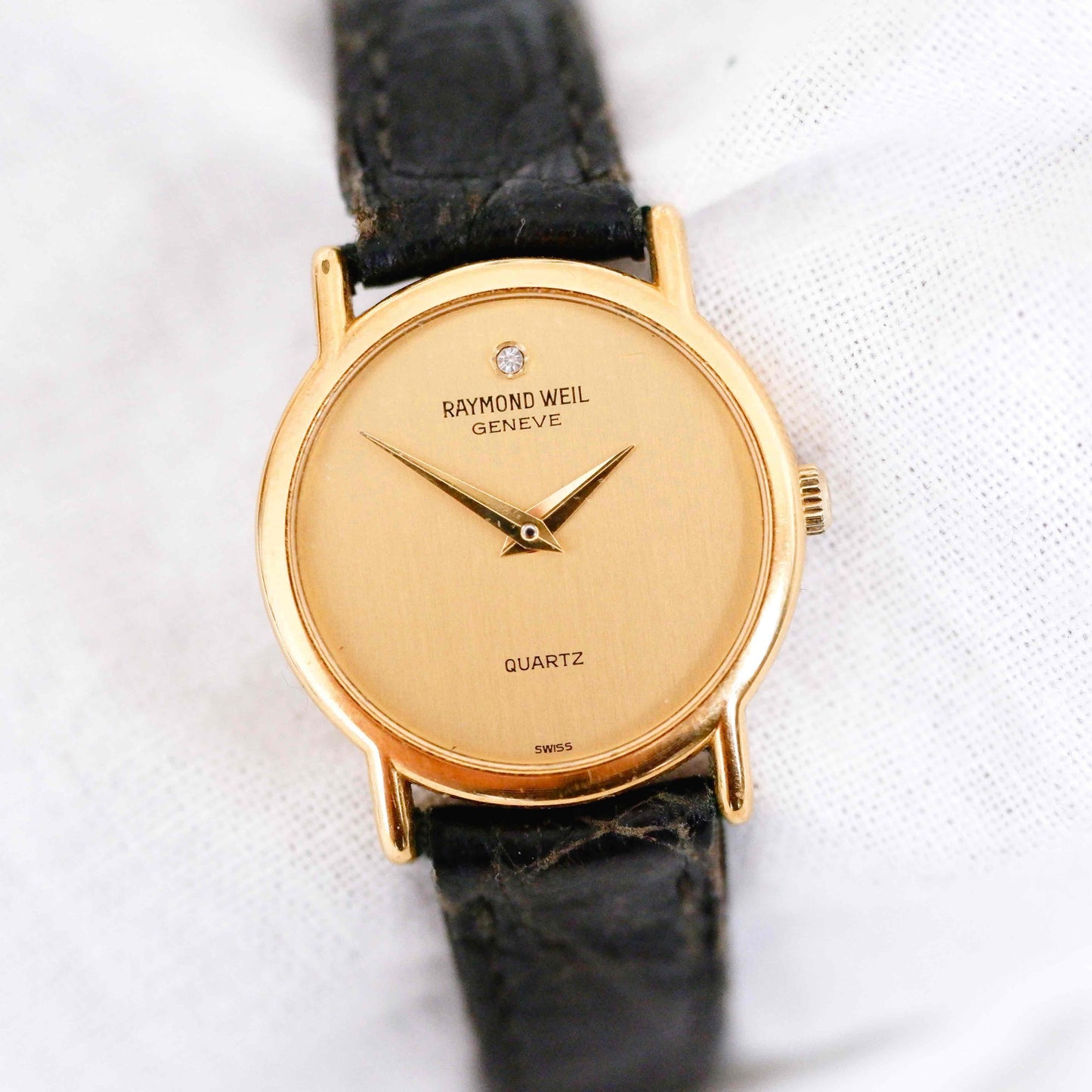 Raymond Weil Watch: Vintage Ladies Watch 80s Golden Champagne Dial with Diamond