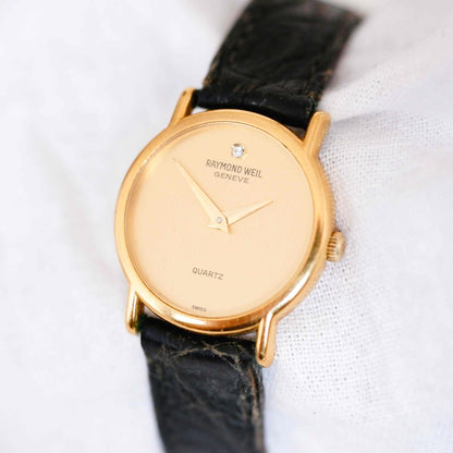 Raymond Weil Watch: Vintage Ladies Watch 80s Golden Champagne Dial with Diamond