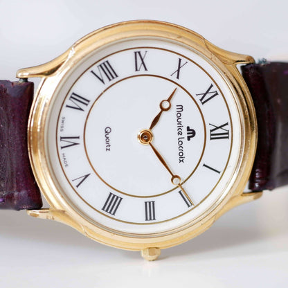 Maurice Lacroix Vintage Ladies Watch: 90s Golden with Classic Roman Numerals, Third Front Side