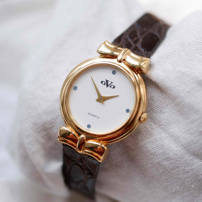 Ovo Vintage Watch: Petite Ladies Golden Watch 80s Blue Diamonds - NOS